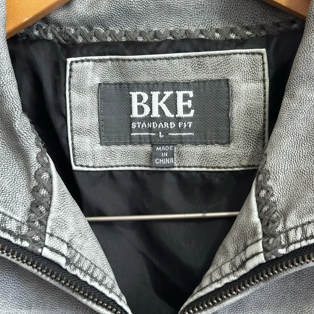 BKE Men’s Gray Moto Bomber Jacket Leather Look Embroidered Size L